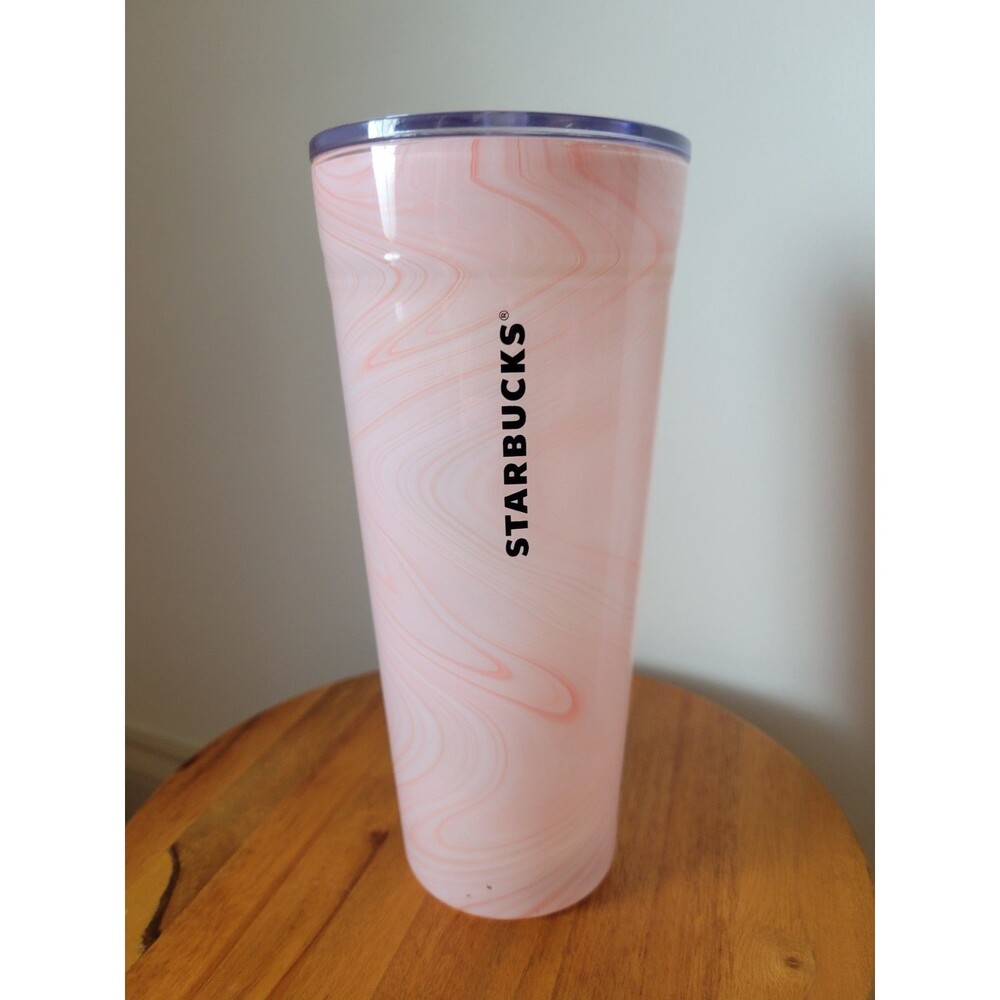 RARE 2017 Starbucks Glass Coral Pink Marble Swirl Venti 20oz Tumbler W/Lid